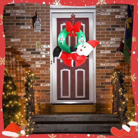 Hanging Christmas Inflatable Santa with Wreath and Lights for Door or Yard - Picture 3 of 7